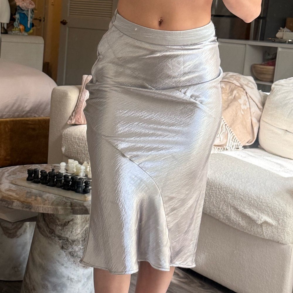 Front Row Shop midi silky satin silver metallic skirt size XS